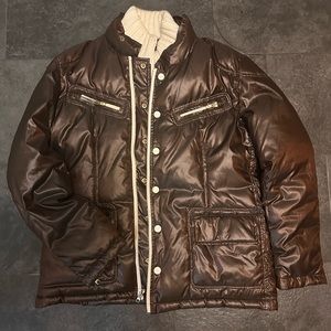 Chocolate Brown Puffer Jacket with removable knit collar.